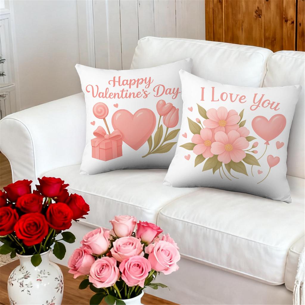 4pcs Valentine'S Day Throw Pillow Covers | Pink Floral Hearts Gift Cupcake Designs, Zip Closure, Polyester, Hand Wash Only, Suitable for Bedroom, Sofa