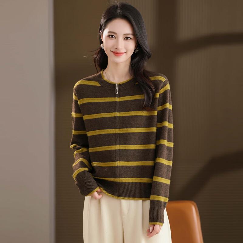 YUZHAOLIN Women's Striped Wool Knit Zipper Cardigan