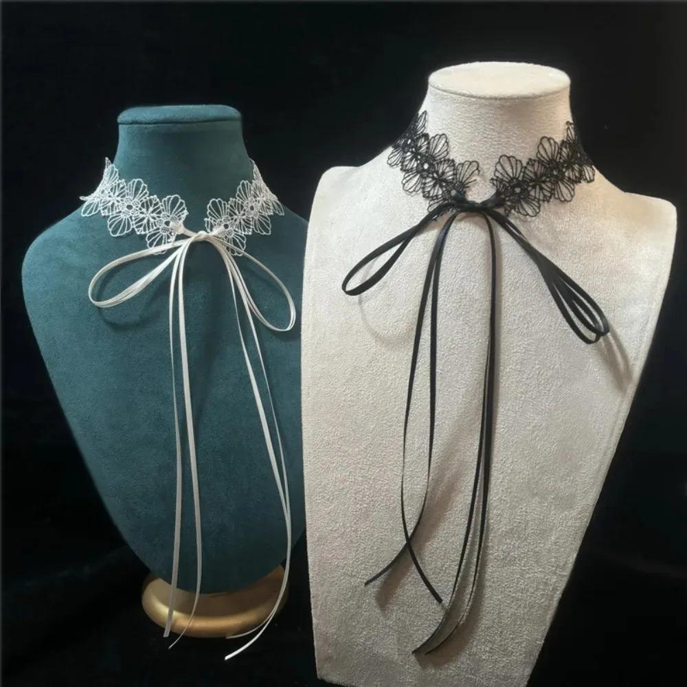 Schwarze Spitze Schleife Choker Halskette, Gothic Harajuku Kragen Halskette Süß Sexy Schleifenband Schmuck für Frauen Mädchen