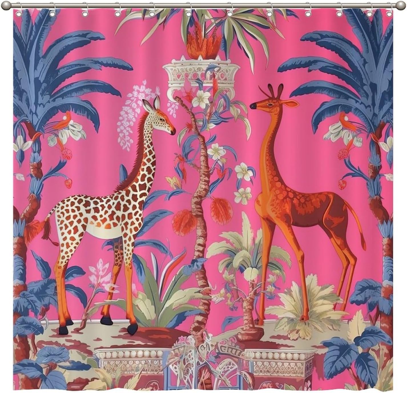 

Shower Curtain Chinese Hot pink Animal Flower Polyester Bathroom Decoration pink Giraffe Tree Flower Shower Curtain Asian Style W90xH180cm