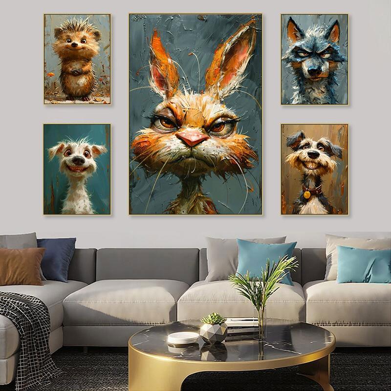 Abstract Art Funny Animals Rabbit Fox Donkey Cat Lion Canvas Posters and Prints Cartoon Animal Mural Canvas Wall Art Home Decor