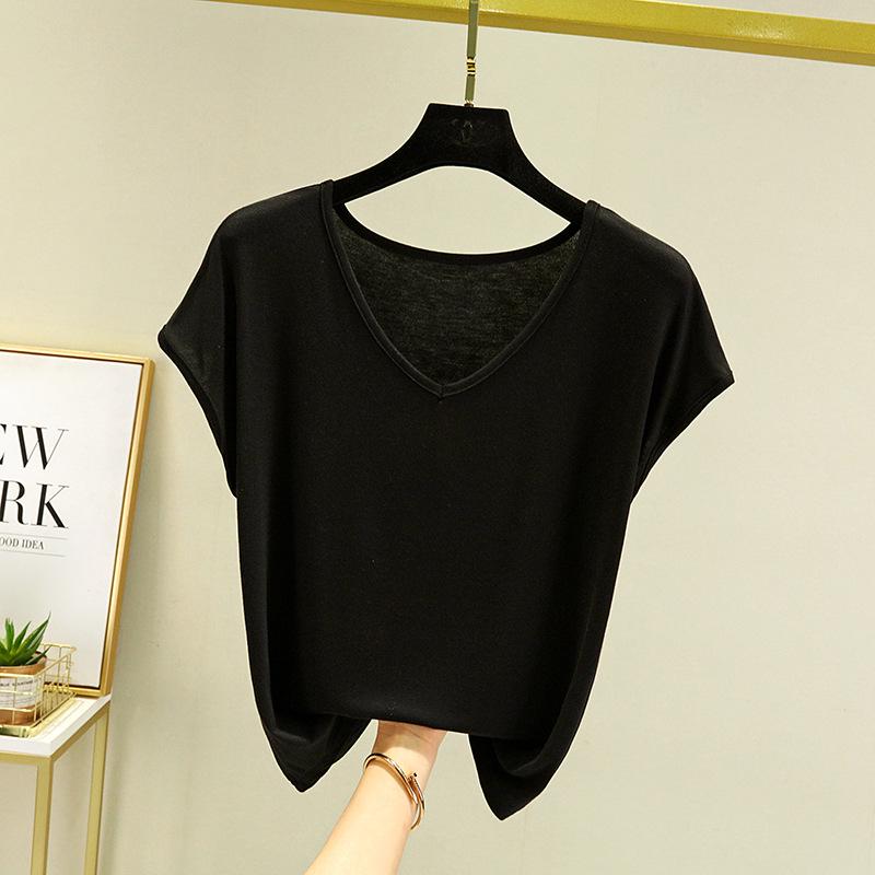 

Женский топ с V-образным вырезом, модальный, с коротким рукавом - Повседневный, Свободный крой, Большой размер, Однотонный XXL