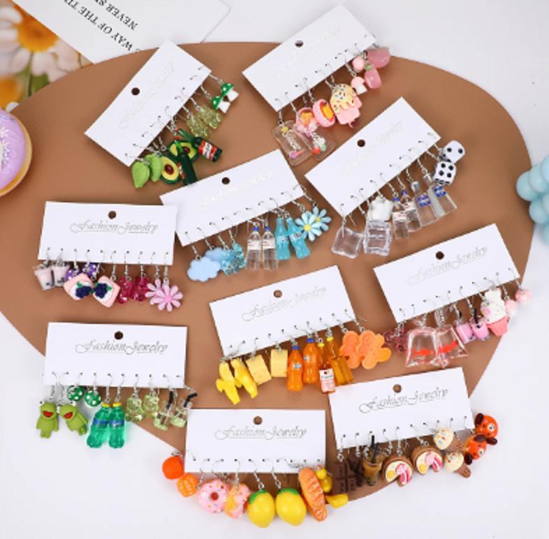 5 Pair Set New Food and Beverage Fruit Resin Earrings Set Women's Fresh and Sweet Temperament Earrings