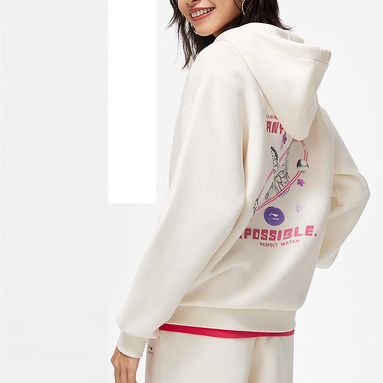 Li Ning Sports Lifestyle Series Hooded Letter Print Pullover Casual Long Sleeve Sweatshirt Women sweatshirt Off-White AWDU042-1