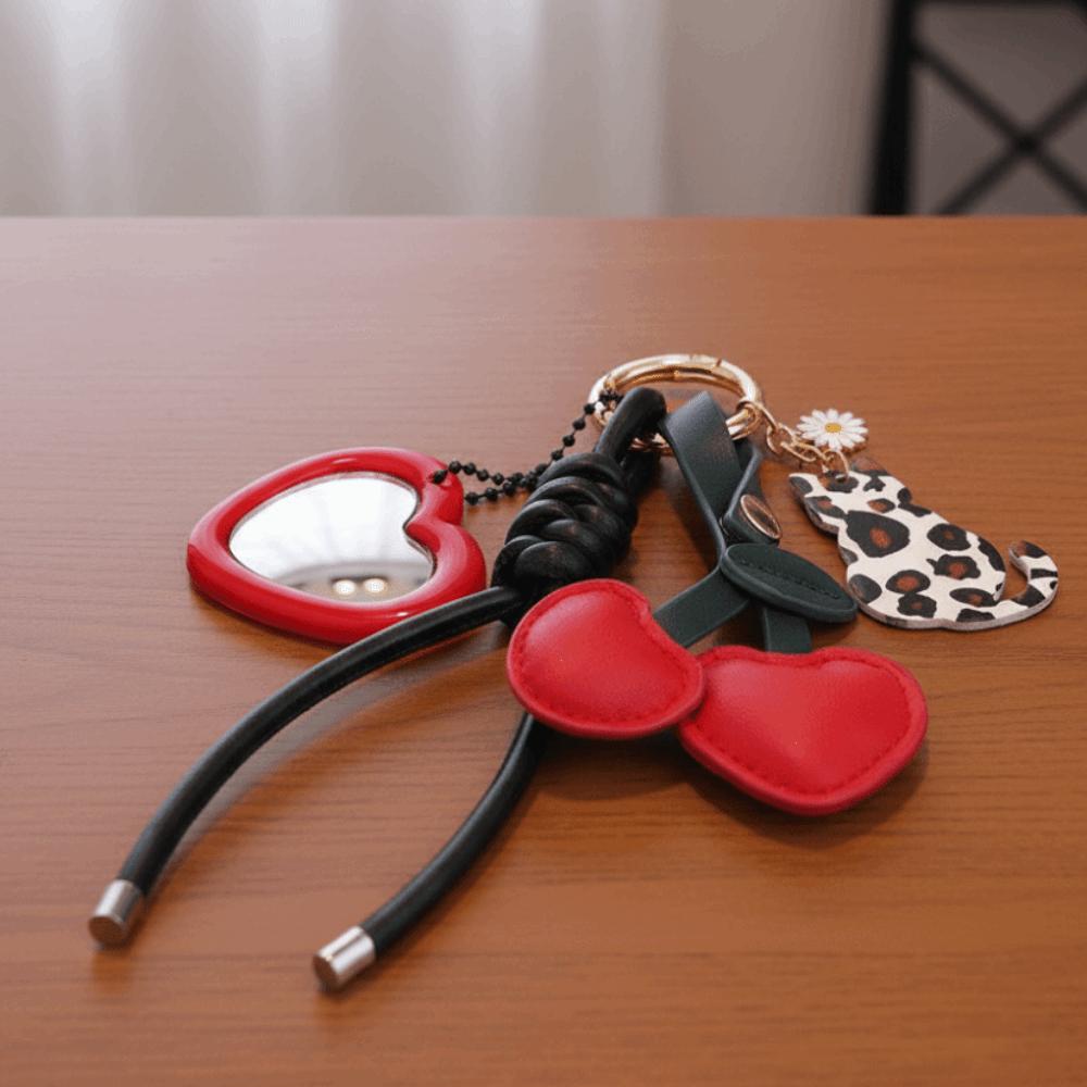 Heart-shaped Mirror Cherry Leather Keychain Bag Accessories Cat Cherry Bag Pendant Birthday Gift