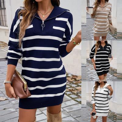 Γυναικείο Μονόχρωμο Φόρεμα Πλεκτό με Στρογγυλή Λαιμόκοψη, Άνετη Γραμμή, Δίχρωμες Ρίγες, Μακρύ Μανίκι