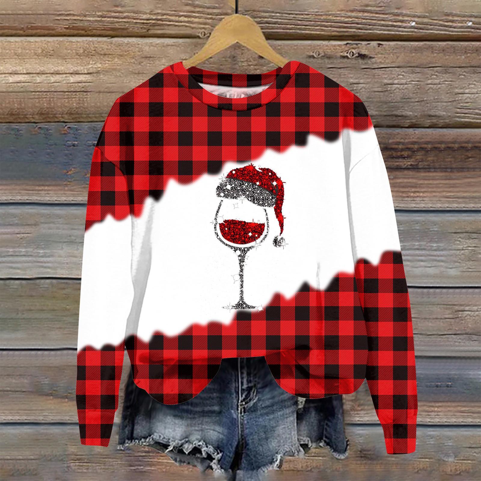 

Женская мода стекло принт длинный рукав свободный круглый вырез толстовка топ осень XL винный