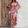 Hot Sale V-Neck Color Floral Print Waist Dress Women's Casual Versatile Vacation Wind Lotus Leaf Edge Long Dress