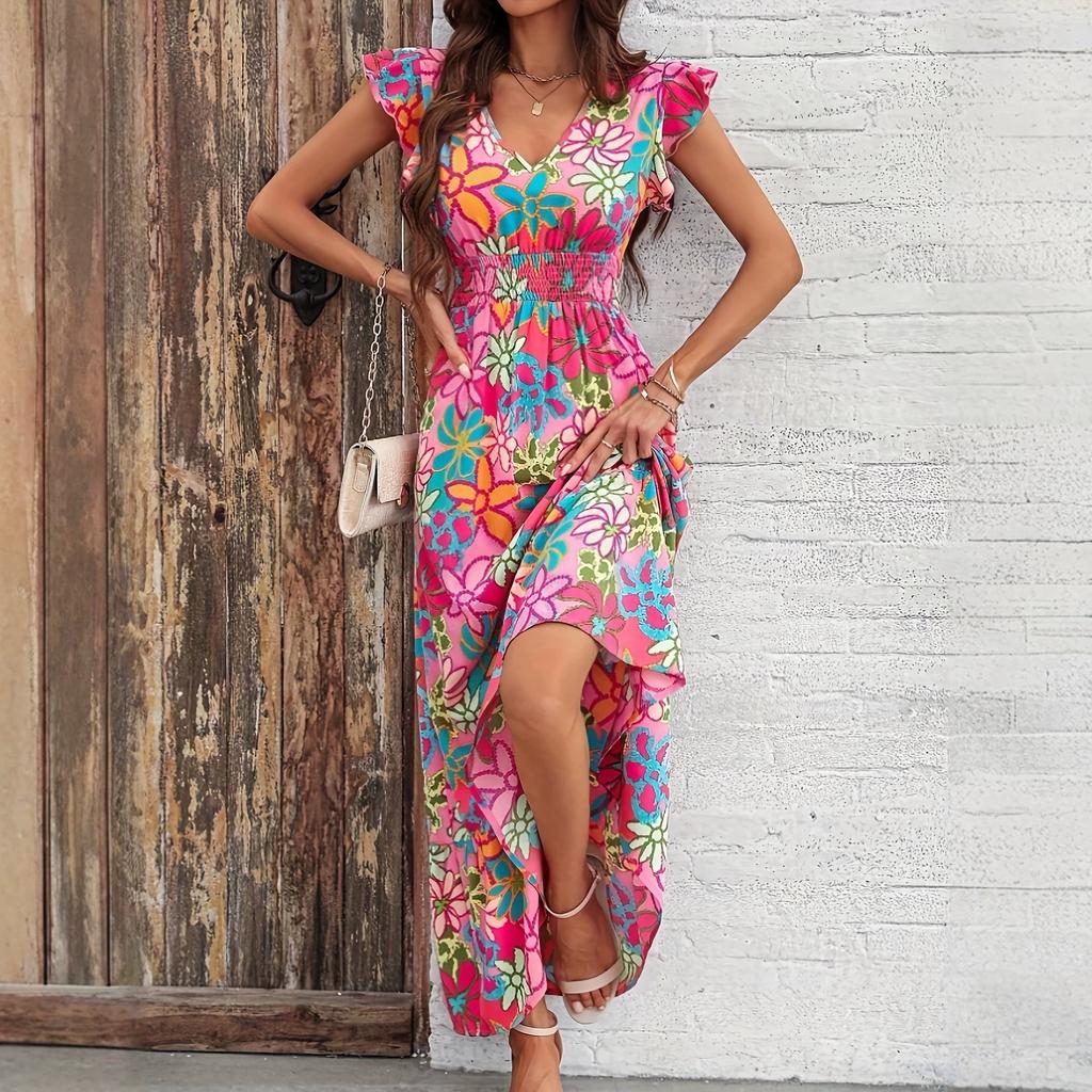 Hot Sale V-Neck Color Floral Print Waist Dress Women's Casual Versatile Vacation Wind Lotus Leaf Edge Long Dress