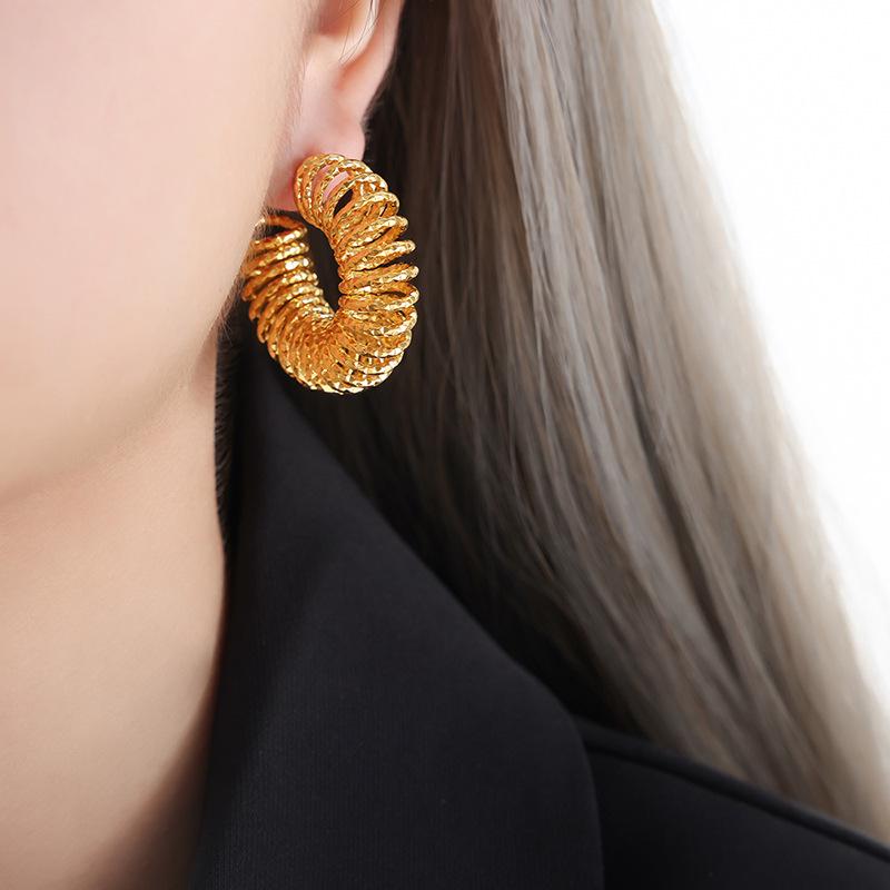 Retro Hong Kong Style 18K Gold Plated Titanium Steel Spring Earrings for Women - Non-Fading, Trendy Niche Accessory