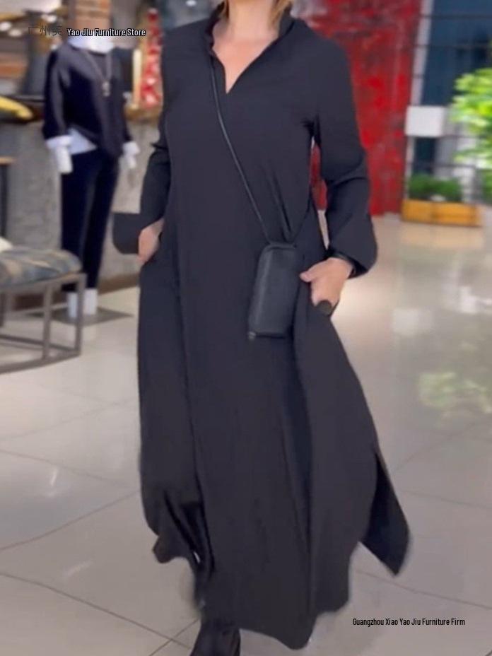 2026 Autumn/Winter European American Casual Solid Color V-Neck Long Sleeve Dress for Women