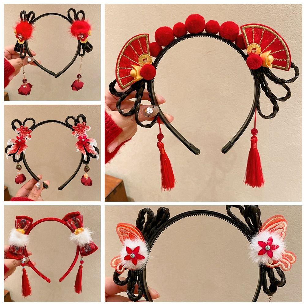 Braid Hair Children Wig Headband Flower Red Bow Hairband Simple Hanfu Hair Sticks  Baby