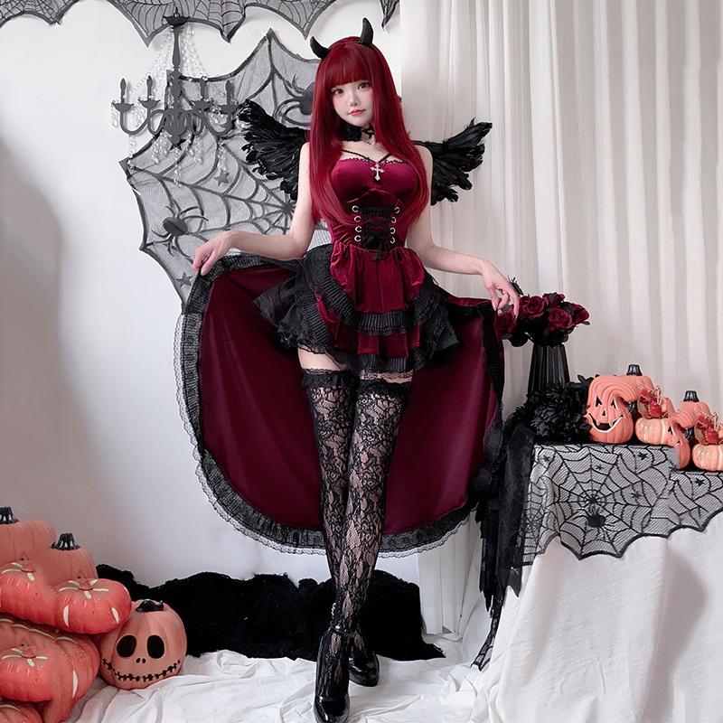 Dark Gothic Halloween Costume Ladies Dress Dovetail Witch Vampire Bride Show Costume