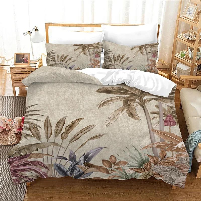 Comforter Print Leaves Bird Feathers Bed Sets Queen Size 100% Polyester Bedclothes 3Pcs Whole Set Peacock Bedding Set Bedroom
