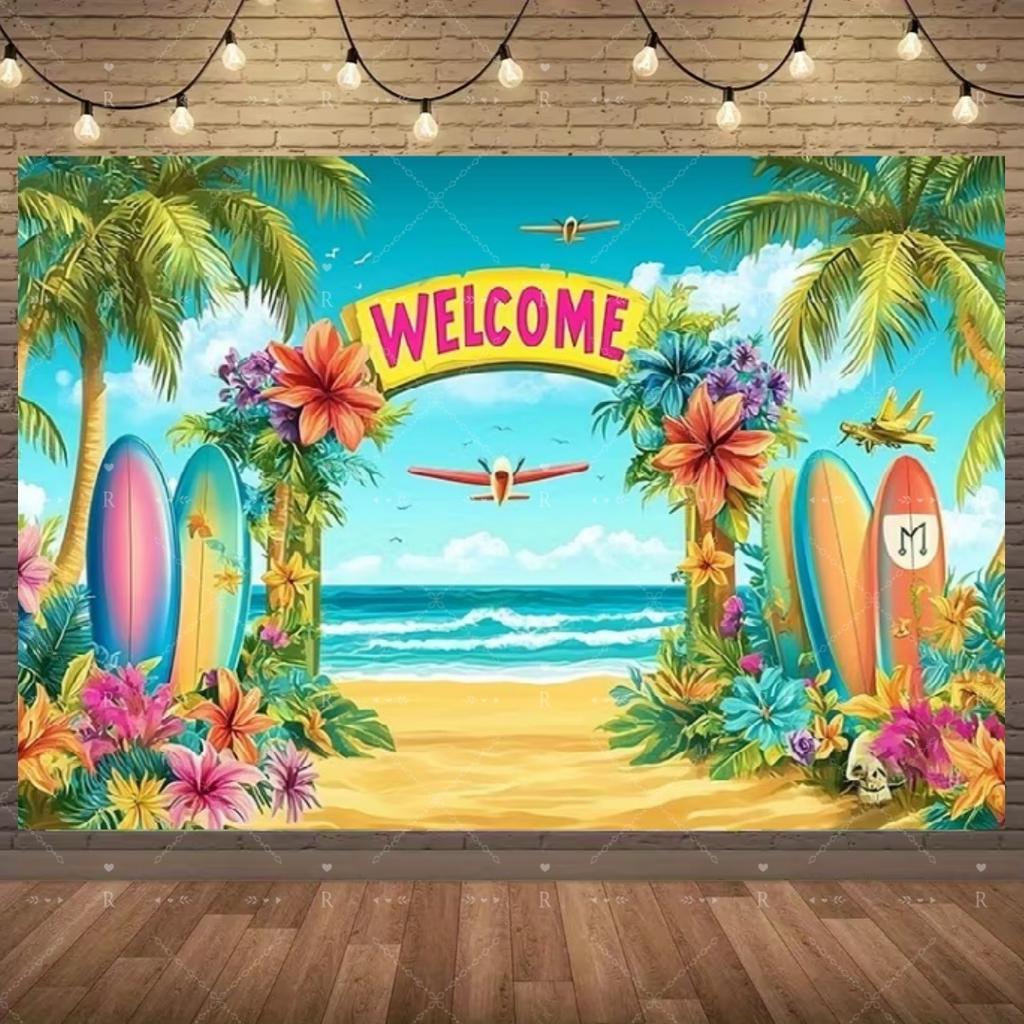 Summer Beach Holiday Party Decoration Backdrop Sunshine Flamingo Ocean Surfboard Portrait Photography Background Props Banner
