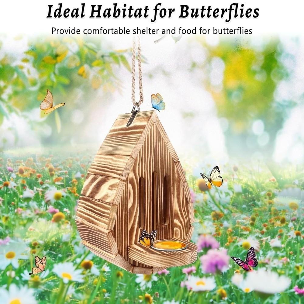 Rustic Wood Butterfly Bee House Teardrop Shaped Butterfly Habitat Shelter Patio Decor