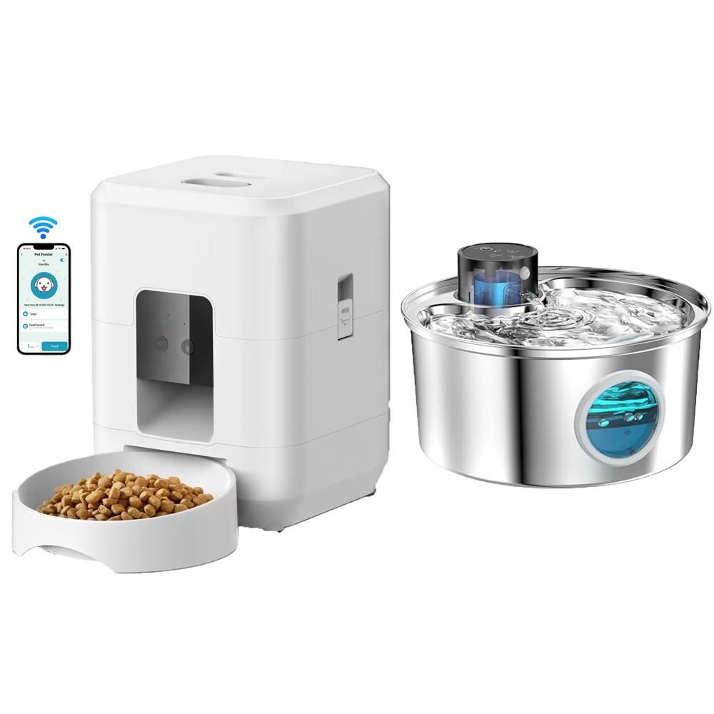 Stainless Steel Induction Pets Water Fountain Smart Pet Food Dispenser Tuya WIFI Rechargeable Automatic Feeder