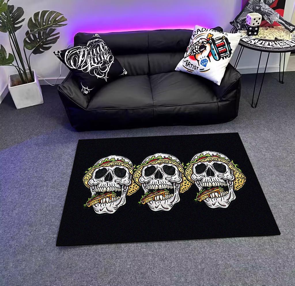 Modern Style Skull Pattern Black Carpet Big Size Non-slip Living Room Rug Soft Easy Cleaning Entrance Door Mat Machine Washable