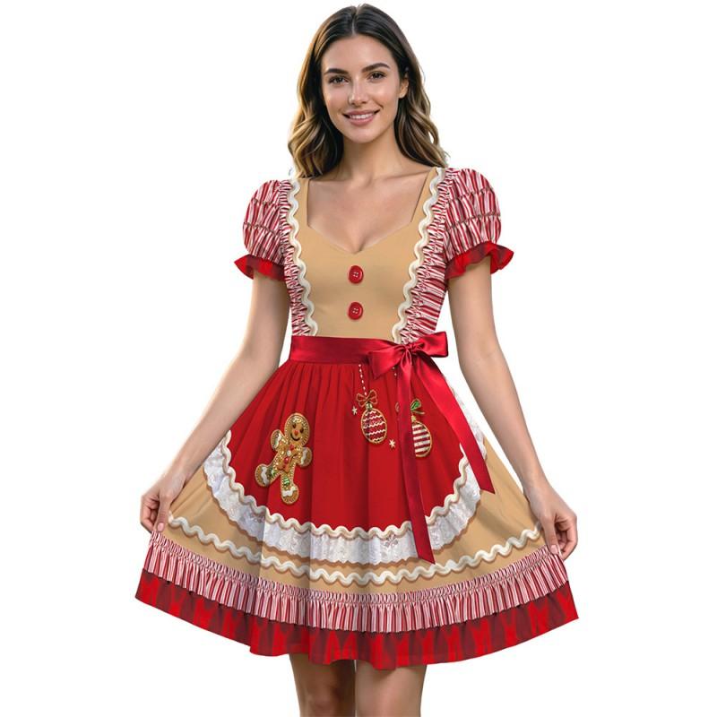 Christmas Party Dress European Court V-Neck Short Sleeve Flared Skirt Gingerbread Man Print