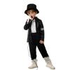 Musician Halloween Costume Set for Kids, Black Sequin Jacket, Trousers, Hat, Gloves, 80s 90s Retro Stage Outfits for Disco Party, Fancy Dress