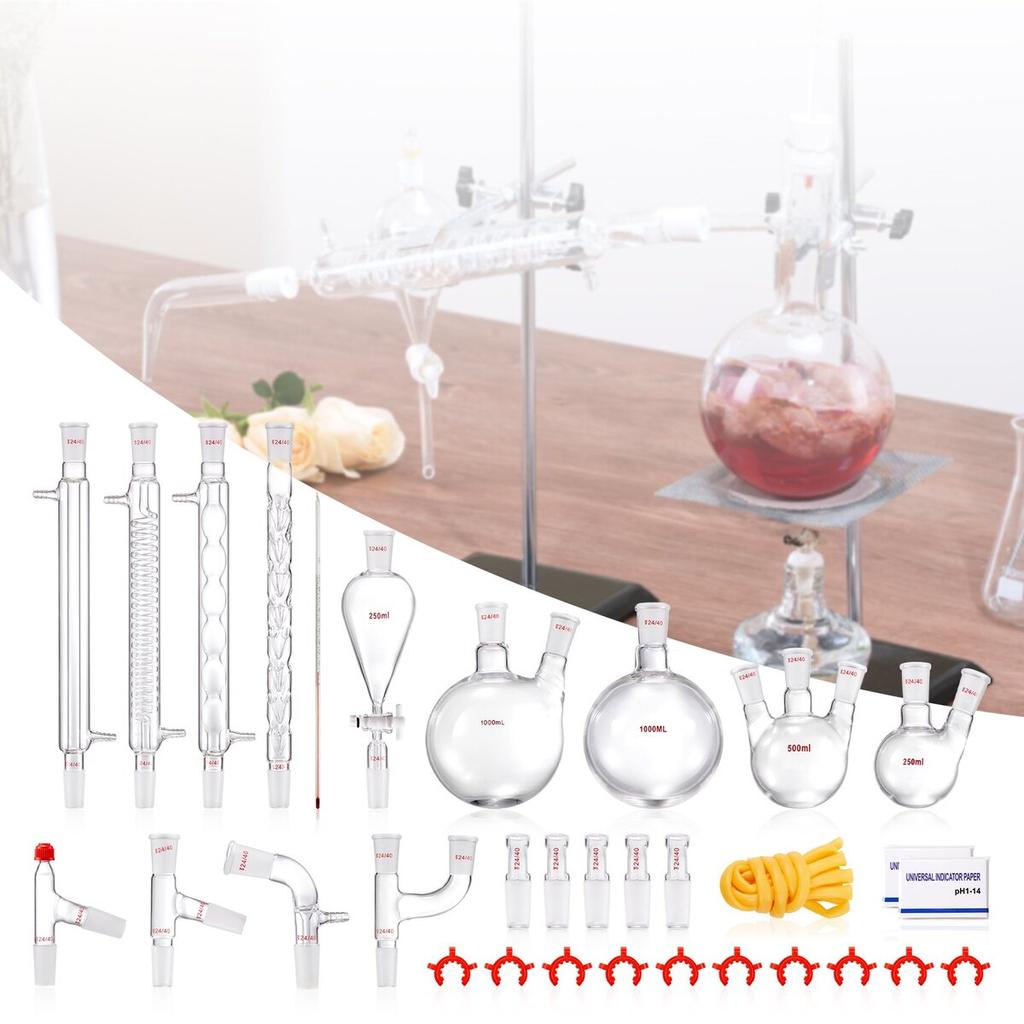 Lab Distillation Kit, 3.3 Boro Lab Glassware Distillation Kit with 24, 40 Joint, 1000ml Essential Oil Distillation Apparatus Kit, 32 pcs Set of