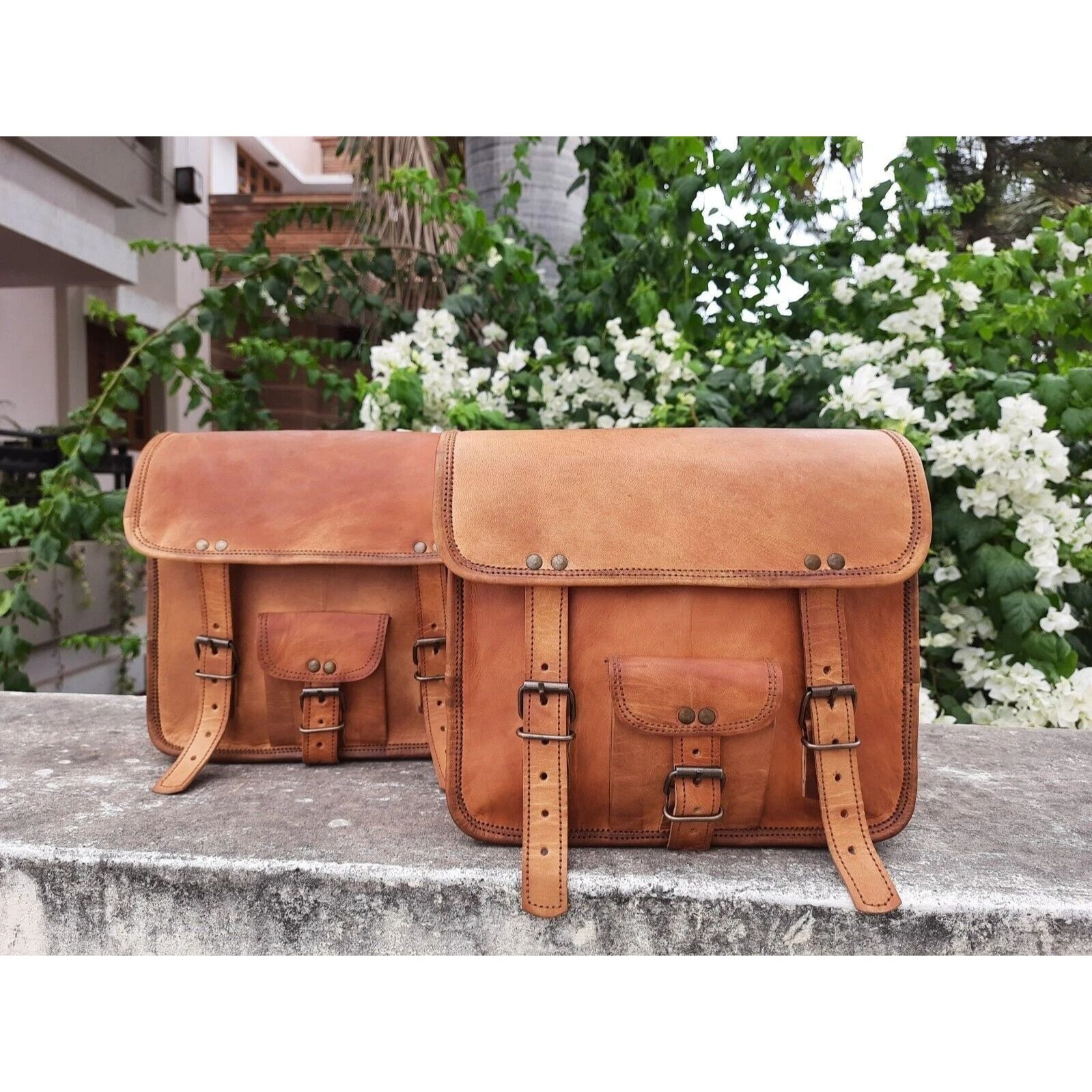 

Pouch Side Motorcycle Leather Panniers Brown Saddlebags Saddle 2 Bags Handmade 13 x 10 x 4 in