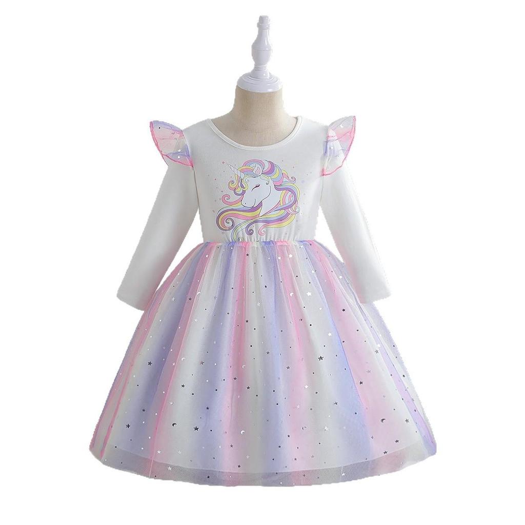Mädchen Einhorn Regenbogen Prinzessinnenkleid: Langärmeliges Pailletten-Mesh-Kleid für Frühlings- und Herbstgeburtstage