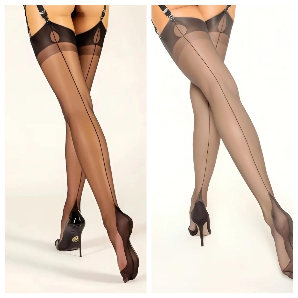 Bas Haut de Cuisse en Polyamide de Luxe 80% pour Femmes, 8 Deniers, Couleur Unie, Maille, Couture Arrière, Élégant & Sexy One Size beige