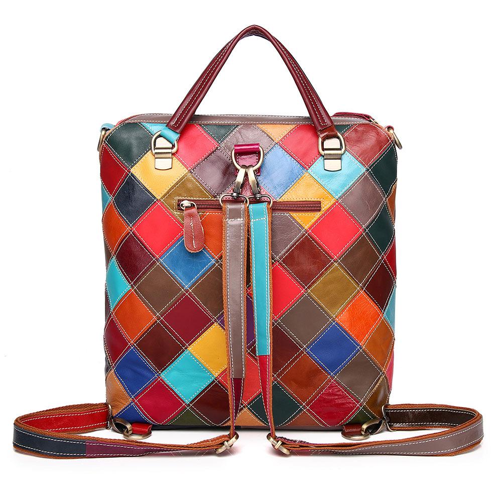 Genuine Leather Women'S Bag First Layer Cowhide Plaid Contrasting Color Retro Oily Leather Handbag Backpack