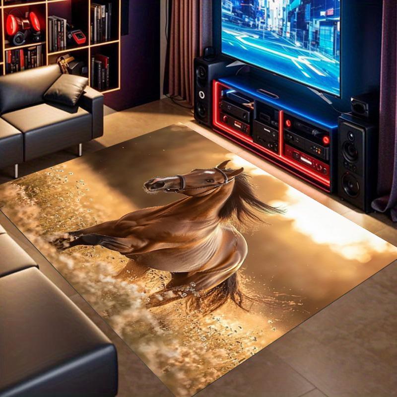 Laufendes Braunes Pferd Wildblumenfeld Sonnenuntergang Druck Bereichsteppich Wildtier Tier Rutschfest Rechteckige Bodenmatte Pferdeliebhaber Spielzimmer Schlafzimmer Dekor Teppich