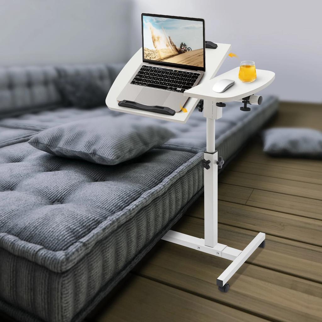 Bymaocar Adjustable Rolling Laptop Table with Wheels & Divided Board,White Waterproof Computer Desk for Bedroom, Office, Study