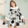 Girls Furry Trim Neck Long Sleeve Geometric Printed A Line Flared Dress With Waist Bow