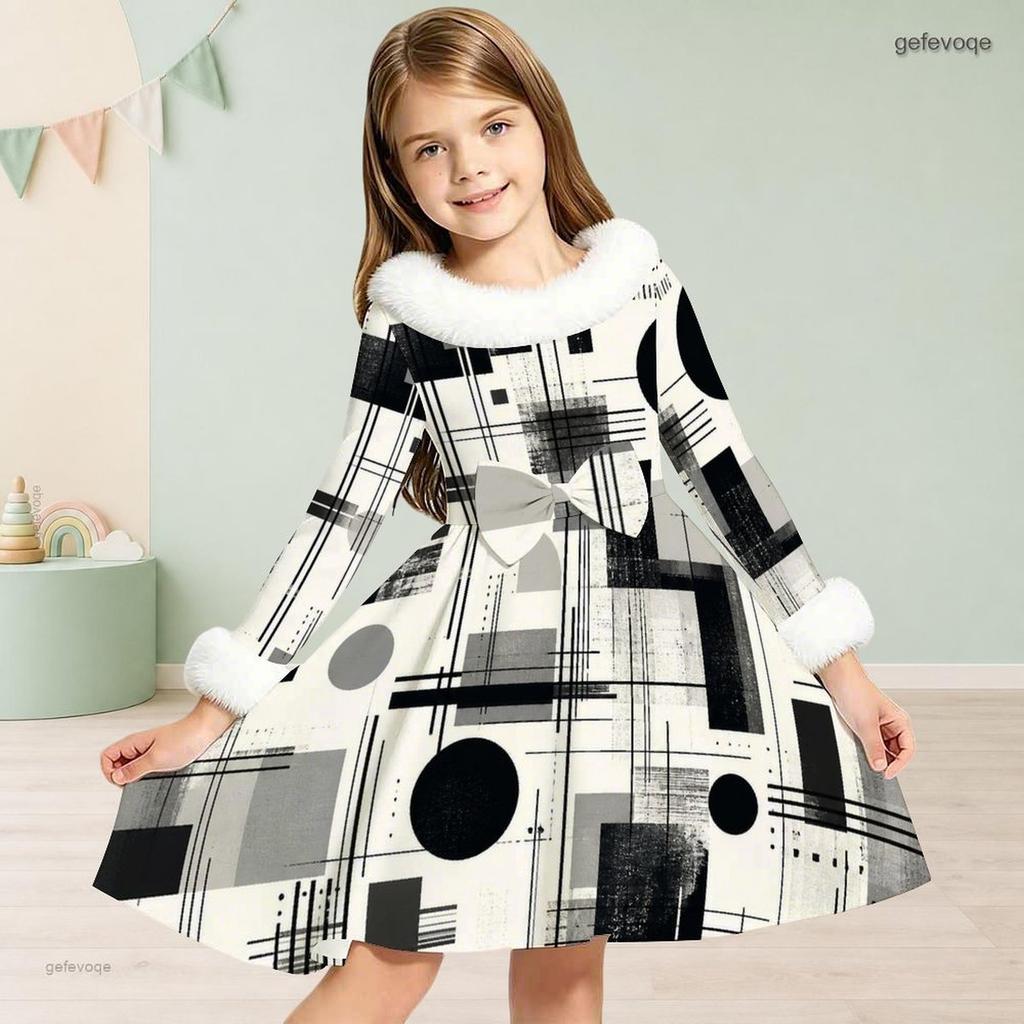 Girls Furry Trim Neck Long Sleeve Geometric Printed A Line Flared Dress With Waist Bow