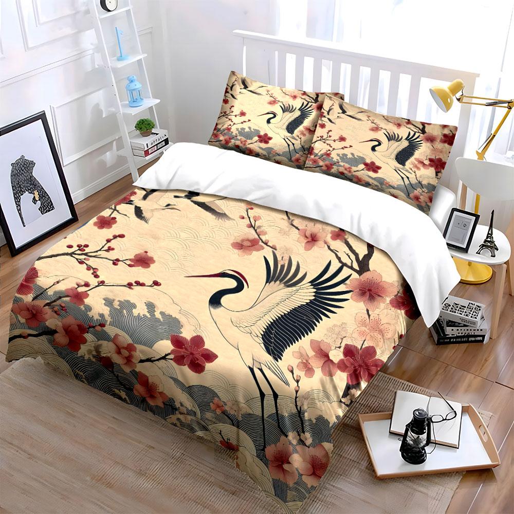 Crane Blossom Decorative Set Soft Comfortable Duvet Cover Bedding Set Included 1*Duvet Cover & 2*Pillowcases, Gift