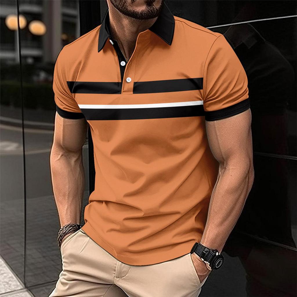 New Men's Casual Polo Shirt Lapel Striped Button Down Business Digital Printing Versatile Tops