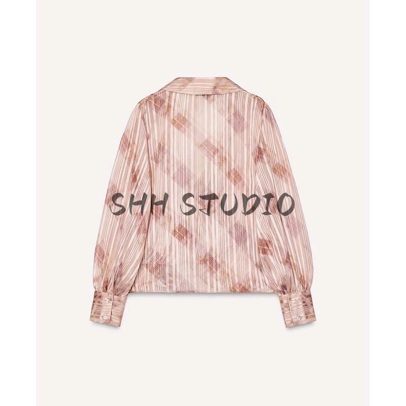 Spring New Women's Clothing Commute Style Print Long Sleeves Lapel Metallic Knot Shirt 2460146