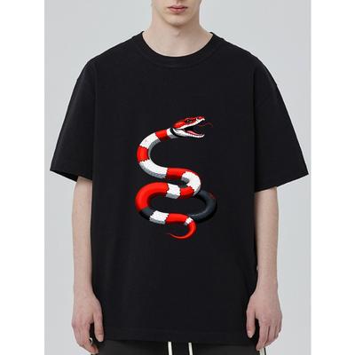 Rundhals T-Shirt Schwarzes Schlangenmuster Print Herren Freizeitkleidung Streetwear Mode Top