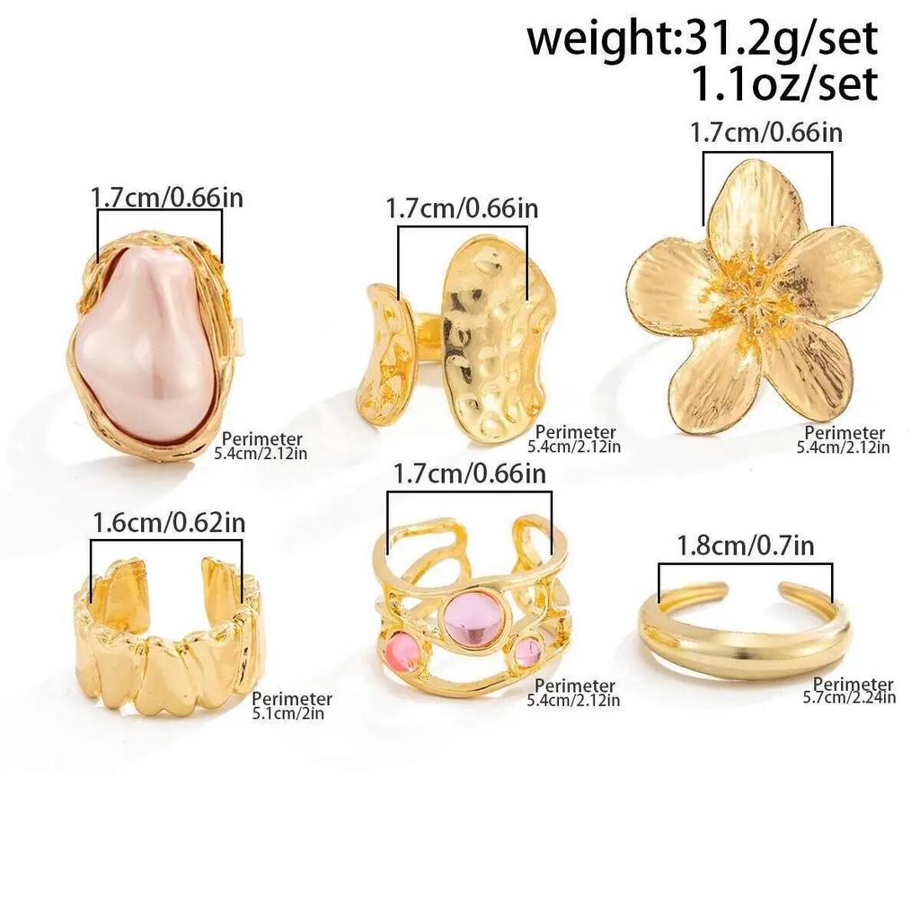 Salircon 6Pcs/Set Exquisite Inlaid Rhinestones Flower Opening Rings Women Pink Imitation Pearl Stackable Knuckle Ring Jewelry