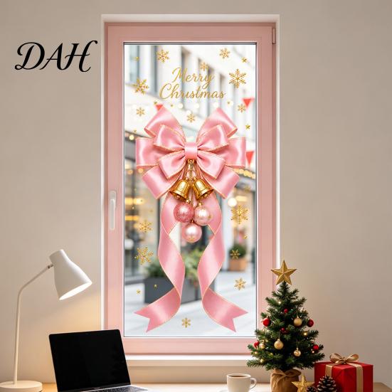 Holiday Window Decorations Static Glass Sticker, Christmas Theme Bow Pattern Print, Removable Door Electrostatic PVC Film for Home And Store