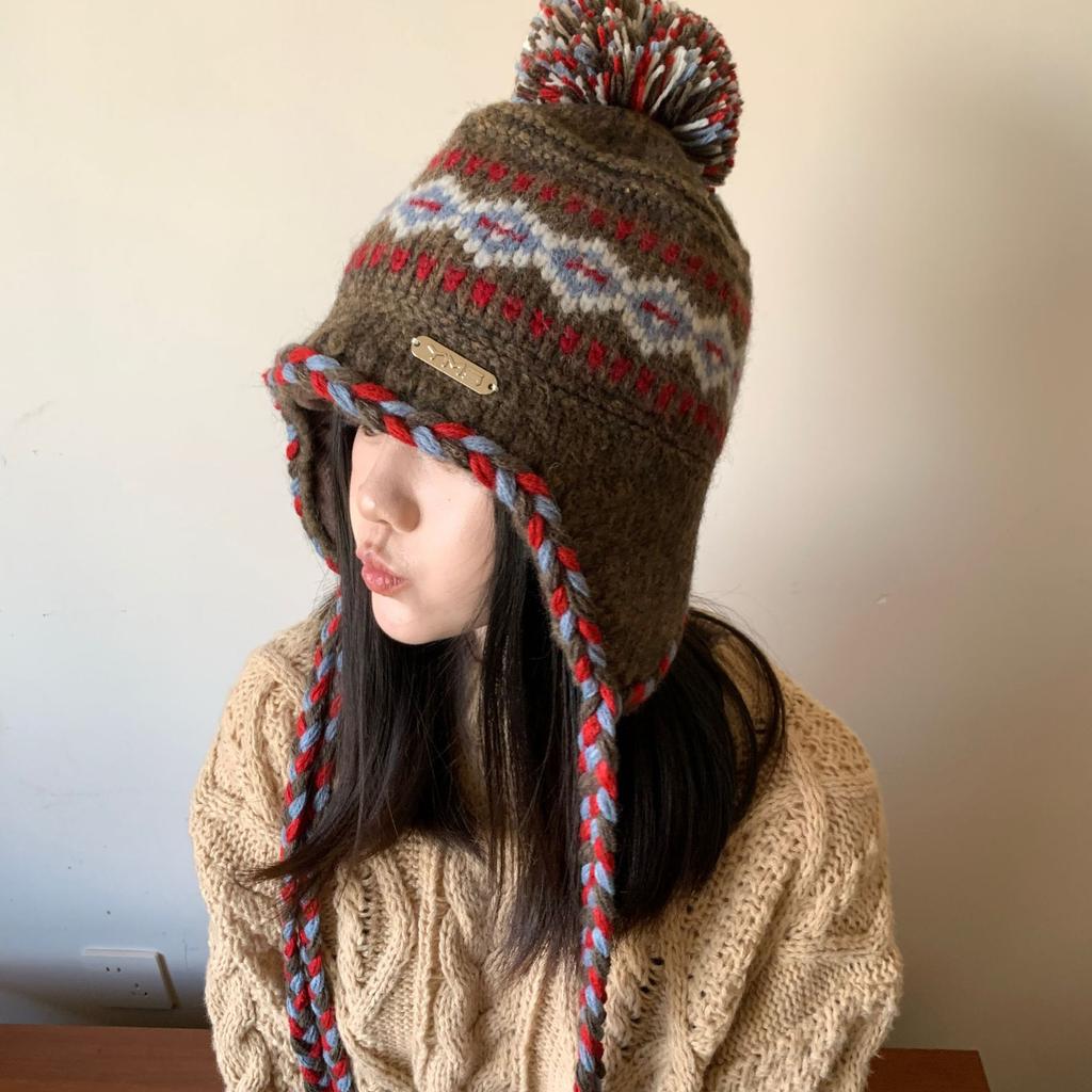 Fair Island Jacquard Knitted Hat Women's Fleece Thickened Autumn and Winter Retro Trendy Lace-Up Braid Warm Flight Hat