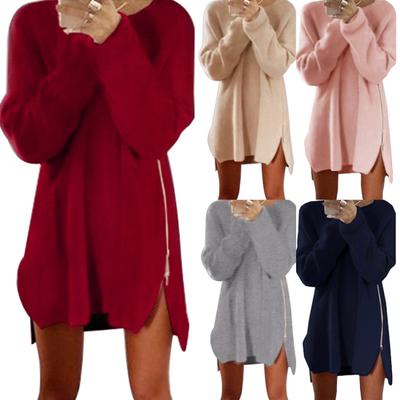 Schickes Herbst Damen Einfarbig Langarm Reißverschluss Schlitz Seite Locker Strickkleid