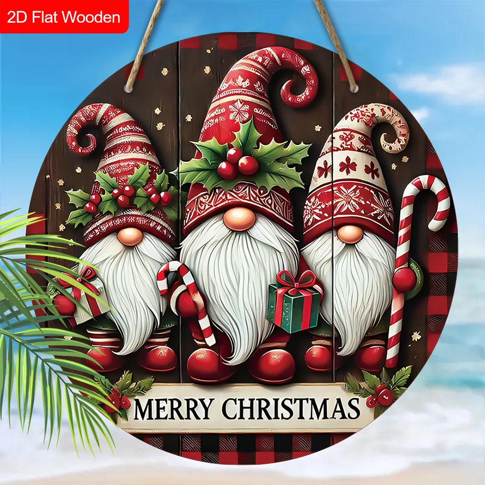 Merry Christmas Wooden Sign with Gnomes Pattern - Navidad Round Sign for Front Door, Yard, Balcony Decor - Ideal Christmas Gift