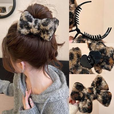 Coffee Leopard Print Double-sided Plush Bow Leopard Print Hairpin Retro Style Shark Clip Hair Accessories