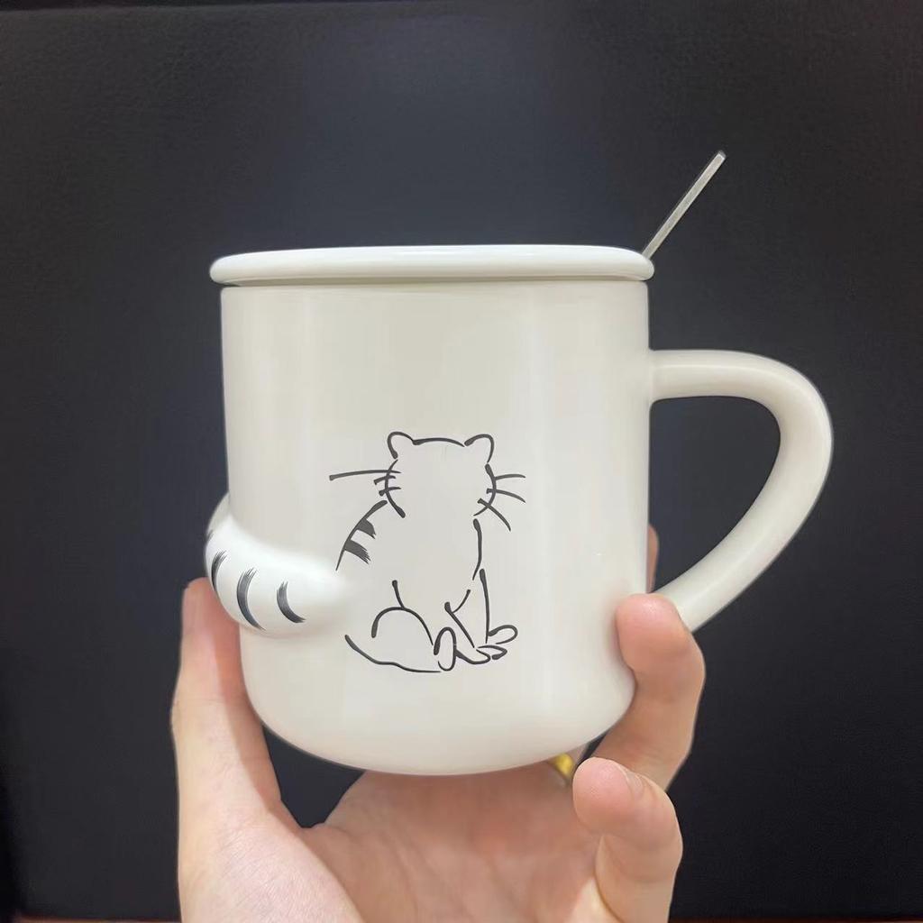 Creative and Simple Embossed Lazy Cat Ceramic Cup Office Home Girls' Drinking Water with Covered Spoon Milk Coffee Mug