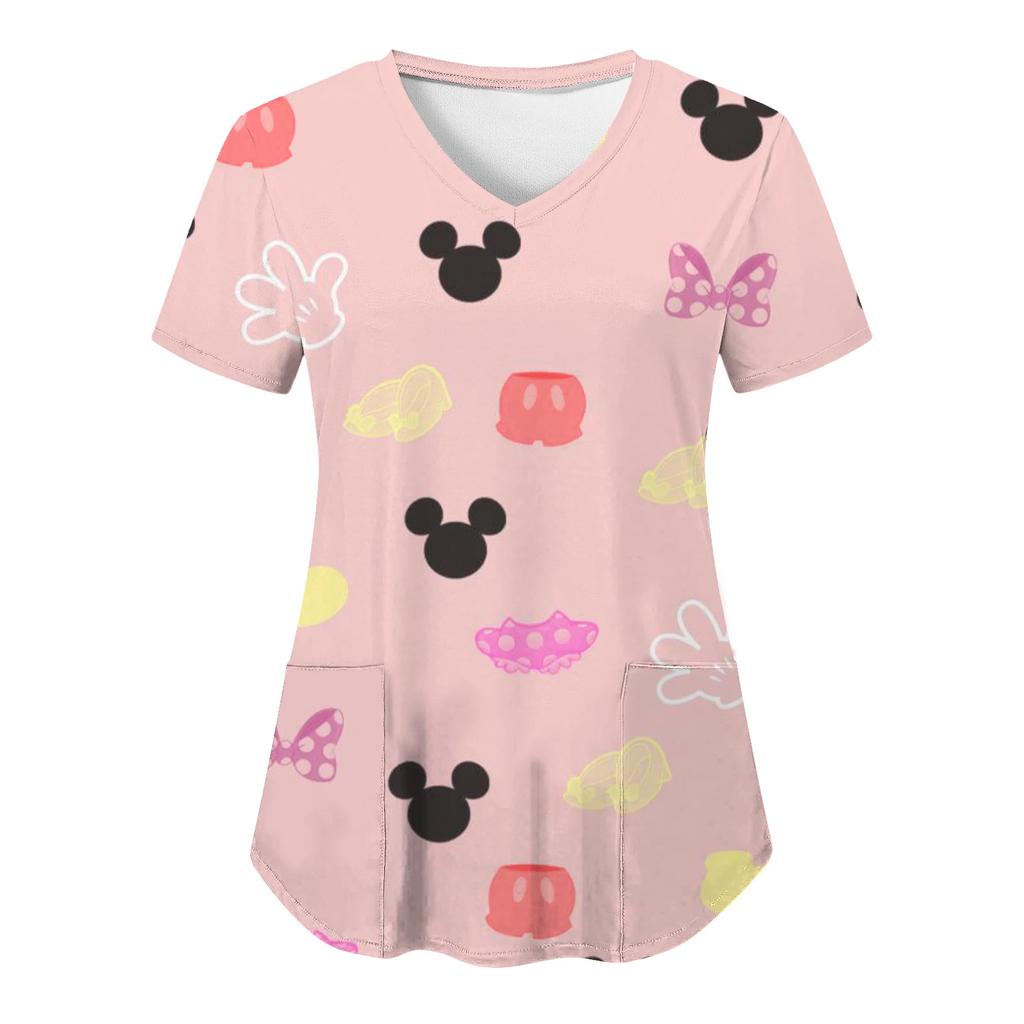 Miniso Minnie Mouse T-shirts V Neck Woman Clothes Hospital Tops Disney Top Women 2025 Nurse Uniform T-shirt Pocket Summer Tees
