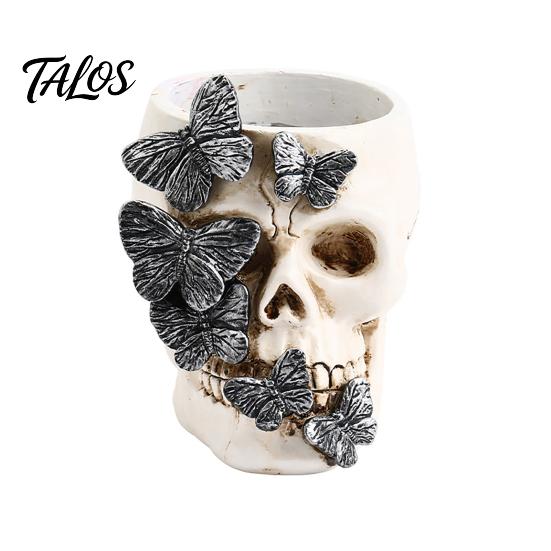 Skull Pen Holder Gothic Holder, Spooky Butterfly Makeup Brush Halloween Party Decoration Organizer, Desktop Pencil Cup for Home Office Decor