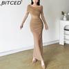 BITCED Fall Women's Solid-Color Slim-Fit High-Waisted Fashion O-Neck Long-Sleeve Mesh Dress