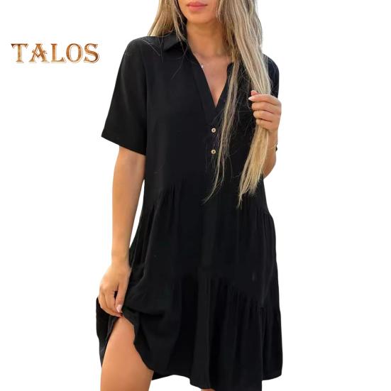 

Летнее женское платье с V-образным вырезом и лацканами, плиссированное лоскутное подол, однотонное свободное платье трапециевидной формы с короткими рукавами и длиной до колена, платье миди XL чёрный