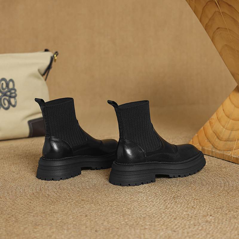 Krazing Pot Sheepskin Winter Round Toe Chunky Heels Fashion Motorcycle Boots Women Slip on Kniting Platform Ankle Boots