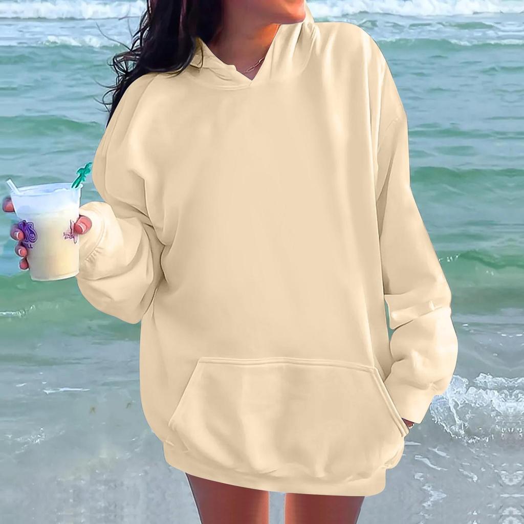 Ladies' Fashionable Casual Long Sleeved Round Neck Hooded Solid Color Hoodie With Threaded Thread